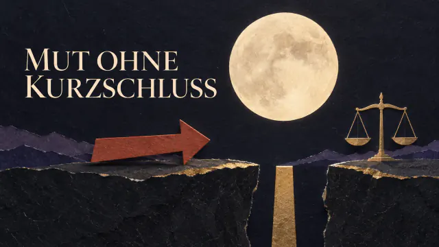 Papiercollage mit Vollmond, rotem Vorwärtspfeil vor einer Schwelle, goldener Waage und der Überschrift Mut ohne Kurzschluss.