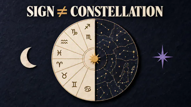 Paper collage with a split sky wheel showing equal zodiac signs and uneven constellation regions under the headline Sign does not equal constellation